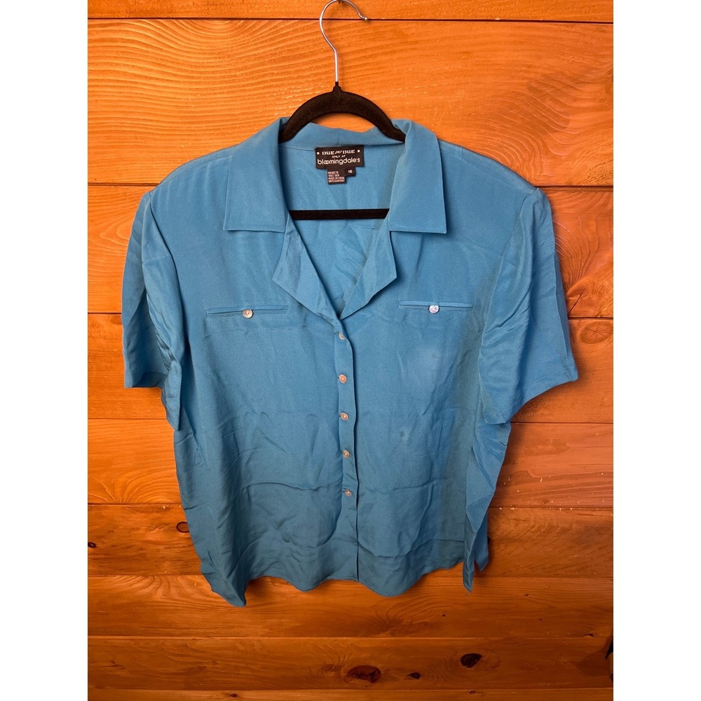 Due Per Due Bloomingdales Silk Blouse Top Women's‎ Size 16 Short Sleeve Blue